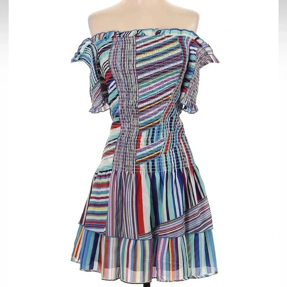 Parker Zizola Off-Shoulder Patchwork Mini Dress Blue Multi Stripe Size Small S - Picture 3 of 6